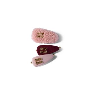 Miu Miu Set Of Leather, Suede, And Shearling Hair Clips, Woman, Alabaster Pink