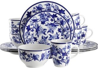 Elama Cattleya Orchid 16 Piece Round Porcelain Dinnerware Set in Blue at Nordstrom