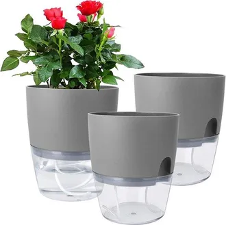 OEM Juego De 3 Macetas Autorriego - Macetas - Macetas Transparentes - Con Orificios De Drenaje Y Cuerda Absorbente De Agua - Pl&aacute;stico - Gris