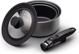 MasterClass Set de 3 cazos, 1 asa y tapa en aluminio gris