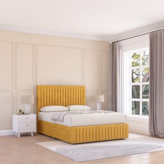 Sloomy Madison Plush Velvet Memory Foam Bed Set With 4 Drawers, Mattress & Headboard in Mustard | Size: Small Double