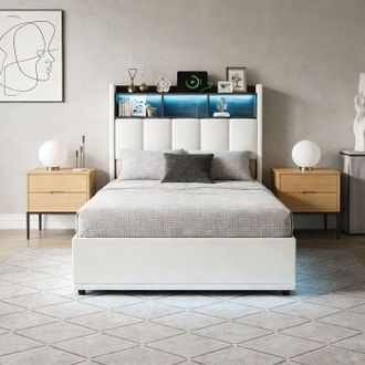 OEM Cama Lit Coffre 90x200 Cm - Pocketpop - Cama Capitonn&eacute; Simple - Cama Acolchada Con Almacenamiento Hidr&aacute;ulico - Usb Y Led