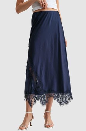 All in Favor Lace Trim Satin Midi Skirt in Navy at Nordstrom, Size X-Small