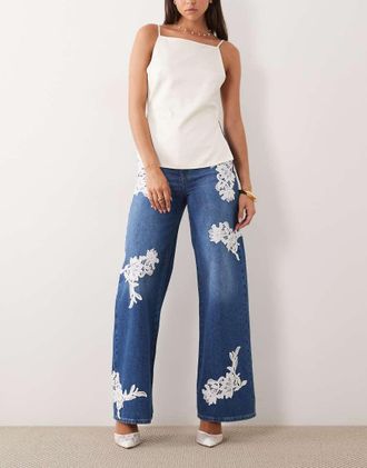 Asos Jeans a fondo ampio blu con applicazioni in pizzo