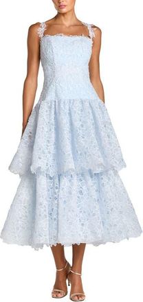 Mac Duggal Sleeveless Embroidered Lace Tiered Midi Dress in Powder Blue at Nordstrom, Size 12