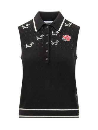 Thom Browne Black Embroidered Shirt Collar Polo