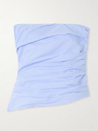 SIMKHAI Top Bustier Gessato Senza Spalline In Popeline Di Cotone Arricciato Emerson - Blu