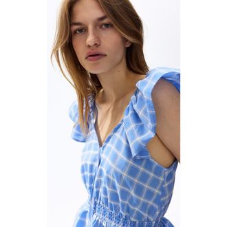 H&M Flutter-sleeved Peplum Blouse in Blue/checked at Nordstrom, Size X-Small