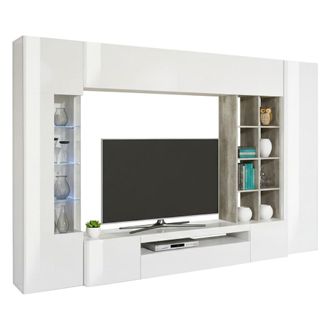 Dmora Pared Equipada Dlazzar, Conjunto De Sal&oacute;n Con Soporte Tv, Mueble De Sal&oacute;n Polivalente Con Luz Led, 100% Made In Italy, Cm 290x40h192, Blanco Brillo Y 