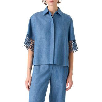 Akris Circle Lace & Denim Shirt in Medium Blue Denim at Nordstrom, Size 10