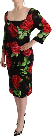 Dolce & Gabbana Womens Black Red Roses Sheath Stretch Silk Dress Elastane