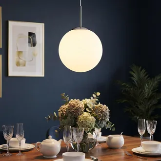 Globo Lighting Lampada A Sfera Lampada A Sospensione Lampada Da Tavolo Da Pranzo Sala Da Pranzo, Forma A Sfera In Metallo Vetro Satinato Bianco, 1x E27, Dxh 25x180cm