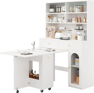 STILVORA Armario De Cocina Con Mesa De Comedor Plegable De 2 Alas Y Almacenaje Abierto En Mdf Para Cocina Y Comedor Blanco