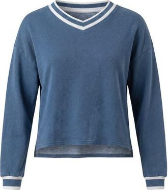 FYI Denim French Terry V-Neck Striped Rib Crop Top at Nordstrom, Size Xx-Small