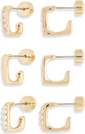 Nordstrom Demi Fine Set of 3 Faux Pearl & Cubic Zirconia Hoop Earrings in White- 14K Gold Plated at Nordstrom