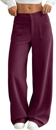 Generic Womens High Waist Wide Leg Pants Solid Colour Straight Fit Long Trousers with Front Pockets Button Closure Casual Everyday Style