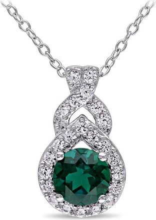 Amour Created White Sapphire and Created Emerald Teardrop Halo Pendant with Chain In Sterling Silver