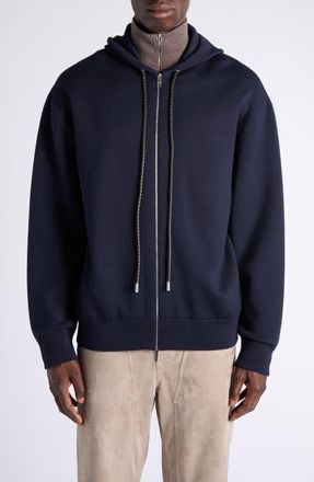 Bottega Veneta Oversize Double Knit Wool Zip Hoodie in 4121 Navy at Nordstrom, Size X-Large