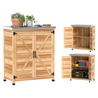 OUTSUNNY Armario De Exterior De Madera, Caseta De Jard&iacute;n Exterior Con Techo De Acero Galvanizado, Estante, 2 Puertas Para Almacenamiento Herramientas