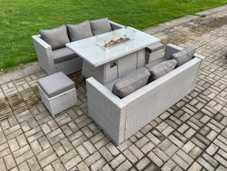 Fimous Garden Dining Sets Outdoor PE Rattan Furniture Gas Fire Pit Dining Table Gas Heater with 2 Small Footstool in Light Grey