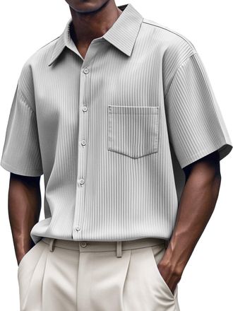 Generic Hawaiian Shirt for Men Gingham Striped Shirts with Pocket Short Sleeve Button Wrinkle- Free Tshirt Summer Beach Tops Playeras De Trabajo para Hombre(W