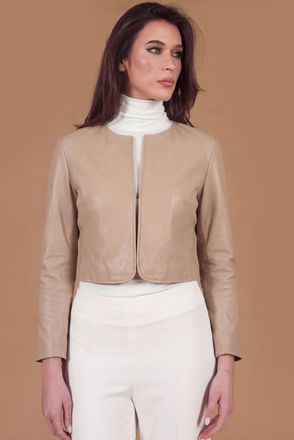 D'Arienzo Giacca corta bolero in pelle sabbia manica 3/4 DArienzo, Seleziona Taglia XS, Colore Beige