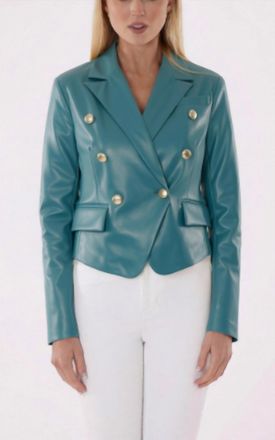 Dolce Cabo Cropped Faux Leather Double Breasted Blazer In Aqua