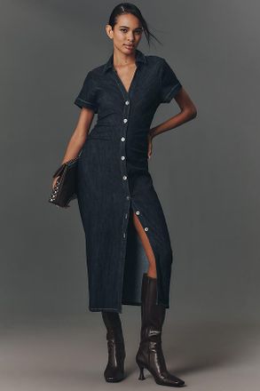 Pilcro Short-Sleeve Ruched Denim Midi Shirt Dress