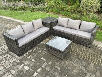 Fimous Rattan Garden Furniture Set 6 Seater Patio Outdoor Lounge Sofa Set with Side Table Square Coffee Table Dark Grey Mixed