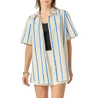 English Factory Stripe Short Sleeve Button-Up Top in Blue Multi at Nordstrom Rack, Size X-Small