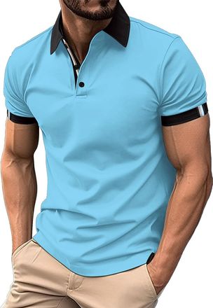 Generic Polo Shirts for Men Stretch Quick Dry Performance Golf Polos Casual Button Contrasting Color Collared Tennis Muscle Tee Tops (Blue,XXL)