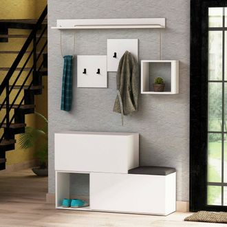 Dmora Mueble De Entrada Lariana, 8 Pares, 2 Estantes, Perchero, 120x17x76h Cm Blanco