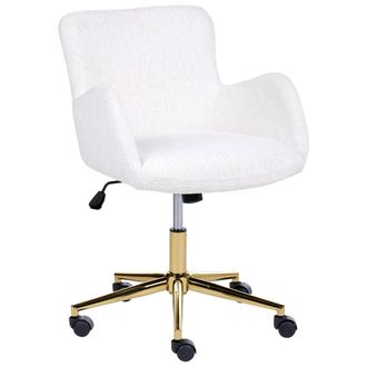 Beliani Silla De Oficina Tapizada En Chenilla Base De Hierro Dorada Giratoria Altura Regulable Respaldo Reclinable Con Reposabrazos Blanco Crema Misorela