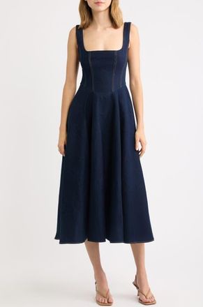 Odd Muse Square Neck Cotton Blend Denim Midi Dress in Dark Blue at Nordstrom, Size Xx-Large