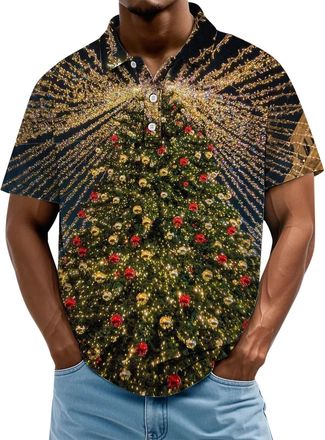Generic Christmas Polo Shirts for Men Xmas Tree Santa Claus Print Golf Shirt Short Sleeve Mens Polos Button Collar Holiday Tee Tops, A02-Christmas Tree, L