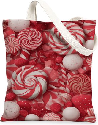 Generic Christmas Candy Canvas Tote Bags, Sweet Treat Pattern Reusable Bags, Holiday Lightweight Washable Shoulder Strap Canvas for, Red, 13x15 Inch