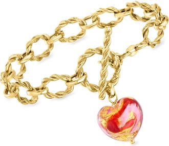 Ross-Simons Italian Pink and Red Murano Glass Heart Charm Toggle Bracelet in 18kt Gold Over Sterling
