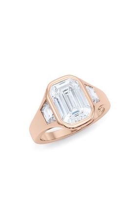 HauteCarat Emerald with Trapezoid Lab Grown Diamond Ring in 4.00 Ctw 18K Rose Gold at Nordstrom, Size 6.5