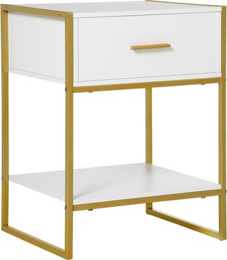 HOMCOM Modern Bedside Table Side Table Nightstand w/ Drawer Shelf White Gold | TJ Hughes