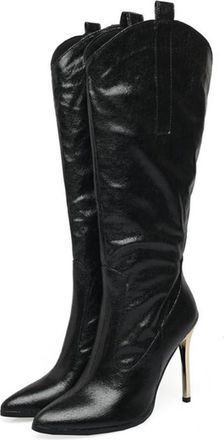Generic Womens Pointed Toe Metallic Knee High Riding Boots Stiletto High Heel V-Cut Wide Calf Pull On Party Wedding Shoes (Black,5.5)