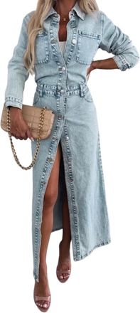Generic Womens Button Down Denim Dress Fall Trendy Long Sleeve Bodycon Denim Maxi Casual A Line Jean (XXL,Light Blue)