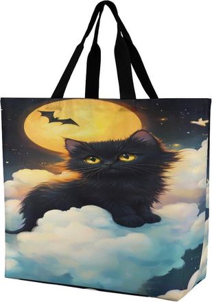 Generic Cat And Moon Large Reusable Shopping Bag Lightweight Foldable Tote Bags Washable Shoulder Handbag