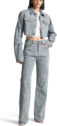 Mani&egrave;re De Voir Alice Cropped Distressed Denim Jacket in Mid Blue at Nordstrom, Size 12
