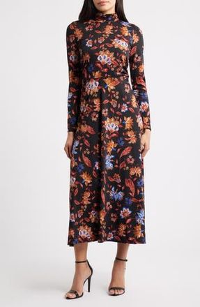 Julia Jordan Floral Mock Neck Long Sleeve Midi Dress in Black Multi at Nordstrom Rack, Size 16