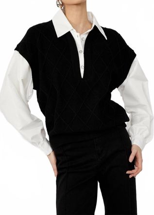 Frank Lyman Design V-Neck Diamond Puff Sleeve Top In Black/off White