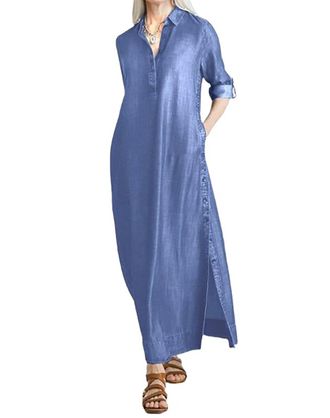 Generic Plus Size Denim Maxi Shirt Dress for Women Long Sleeve Lapel Casual Loose Long Jean Shirt Dresses