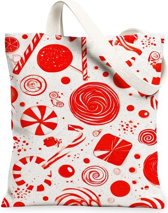 Generic Candy Swirl Canvas Tote Bags, Sweet Treats Design Reusable Grocery Bags, Holiday Vintage Lightweight Washable Shoulder Stra, Red, 13x15 Inch