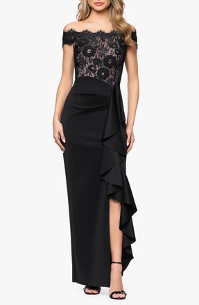 Betsy & Adam Lace & Scuba Knit Off the Shoulder Gown in Black/Nude at Nordstrom, Size 6