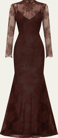 Alex Perry Sheer Lace Long-Sleeve Trumpet Gown