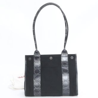 Ferragamo Black Leather Nylon Handbag Shoulder Bag Tote Bag (Pre-Owned)